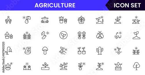 Agriculture vector line icons featuring fields, crops, tractors, irrigation, barns, seeds, tools, farming practices, harvest, and sustainable food production.