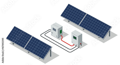 Isometric solar panel installation with connected inverters for sustainable energy