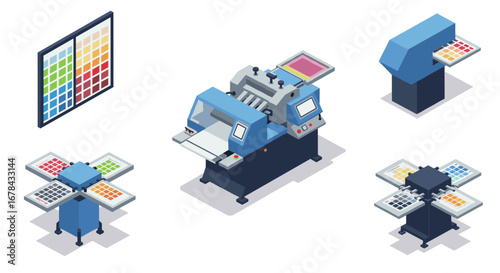 Isometric printing equipment set with color palette and screen printing machines