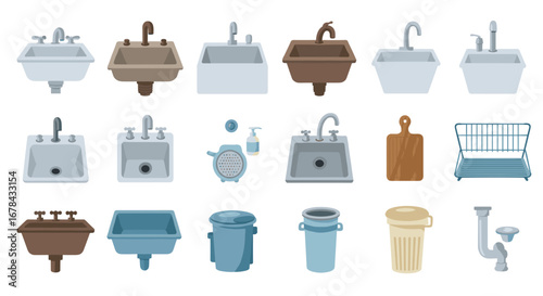 Collection of various kitchen and bathroom sinks with accessories in flat design