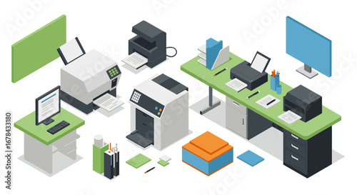 Modern office workspace with isometric design elements and technology devices