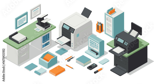 Modern office equipment isometric set with printers, office supplies, and desks