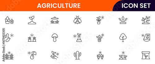 Agriculture vector line icons featuring fields, crops, tractors, irrigation, barns, seeds, tools, farming practices, harvest, and sustainable food production.