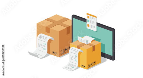 E-commerce shipping concept with packages and receipts on screen