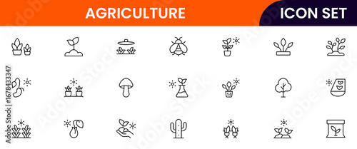 Agriculture vector line icons featuring fields, crops, tractors, irrigation, barns, seeds, tools, farming practices, harvest, and sustainable food production.