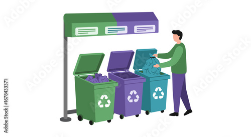 Man sorting recycling bins at waste station with cover for eco-friendly awareness