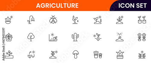 Agriculture vector line icons featuring fields, crops, tractors, irrigation, barns, seeds, tools, farming practices, harvest, and sustainable food production.