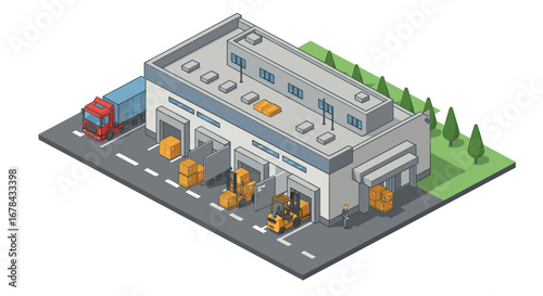 Isometric logistics warehouse with trucks and forklifts for efficient shipping and delivery