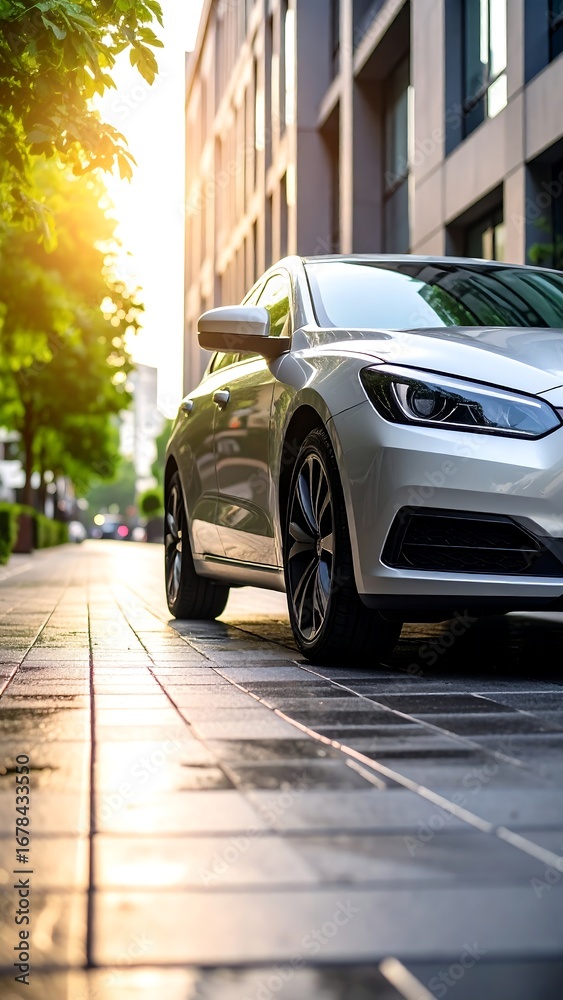 Fototapeta premium Modern car parked on city street at dawn (1)