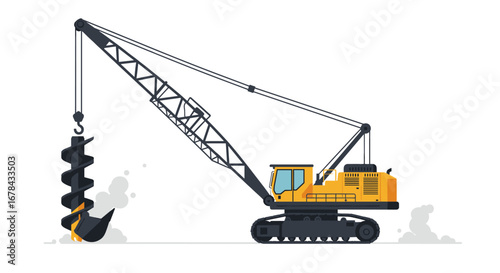 Heavy construction crane with auger drill on white background