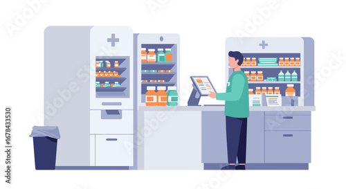 Pharmacy interior with automated medication dispensing and pharmacist checking prescriptions