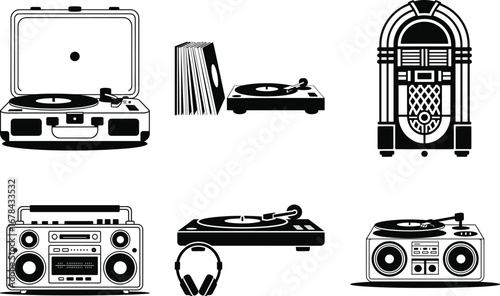 Retro Vintage Record Player Silhouette | Classic Music Turntable Icon Vector Design