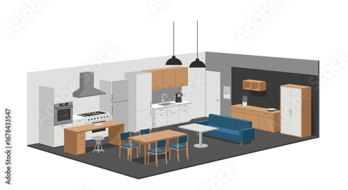 Modern isometric kitchen and living room design with minimalist furniture