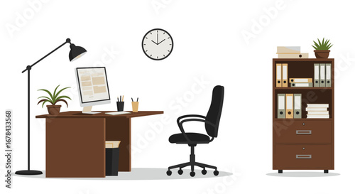 Modern office workspace with desktop, chair, and bookshelf