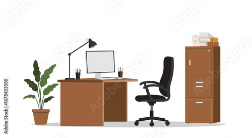 Modern office workspace with desk, chair, and filing cabinet