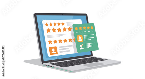 Online review and profile management on laptop with star rating interface