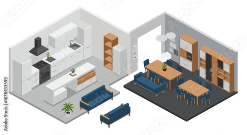 Modern isometric living room and kitchen layout with contemporary furniture