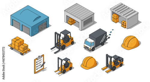 Isometric warehouse elements with forklifts, trucks, and safety helmets