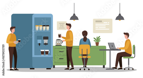 Office break room with colleagues enjoying coffee and casual conversation