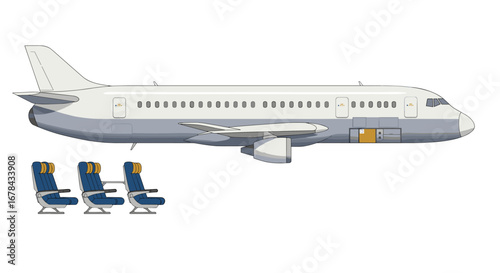 Airplane side view with passenger seats isometric design