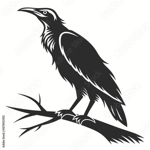 Detailed silhouette of a raven perched on a branch