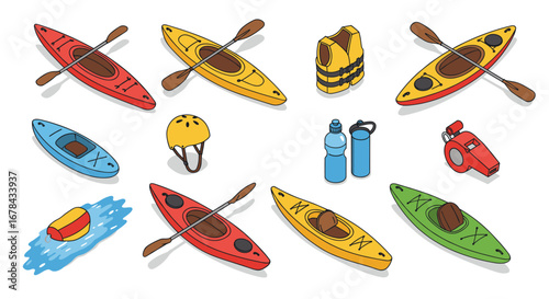 Colorful canoe and kayak equipment with paddles and safety gear