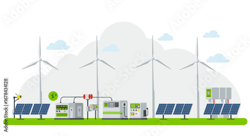 Renewable energy infrastructure featuring wind turbines and solar panels in a flat design