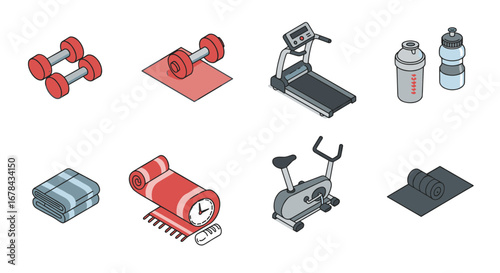 Isometric gym equipment set: dumbbells, treadmill, yoga mat, exercise bike, water bottles