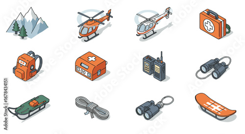 Isometric emergency and rescue icons set featuring helicopter, first aid kit, and survival gear