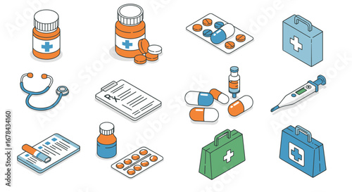 Isometric medical icons: pills, equipment, and first aid kits in modern style