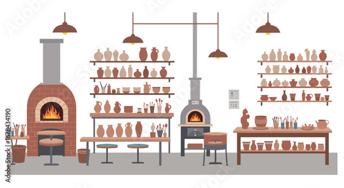 Cozy pottery workshop with clay pots and ovens in rustic studio setting