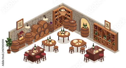 Cozy isometric wine cellar with barrels, bottles, and wooden furniture
