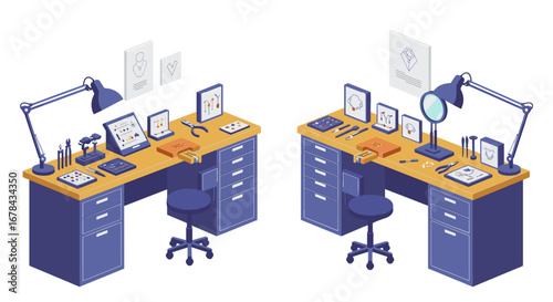 Isometric jewelry workbench design with tools and equipment