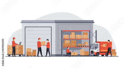 Flat style warehouse with workers handling packages and loading truck