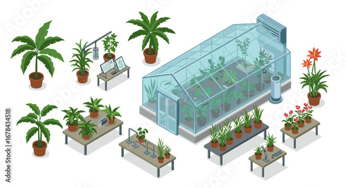 Isometric greenhouse with diverse plants and gardening equipment