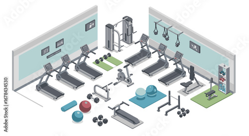 Modern isometric gym interior with fitness equipment and exercise machines
