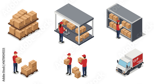 Isometric warehouse operations and delivery service with workers and packages