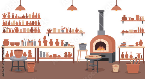 Cozy pottery studio interior with shelves of ceramic vases and pottery tools