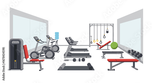 Modern gym interior with equipment for fitness and cardio workouts