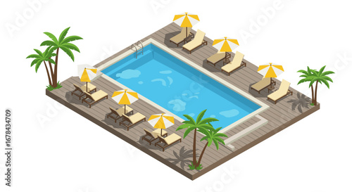 Isometric poolside retreat with lounge chairs and umbrellas