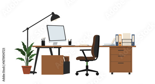 Modern workspace with desk, chair, lamp, and office supplies in minimalist style