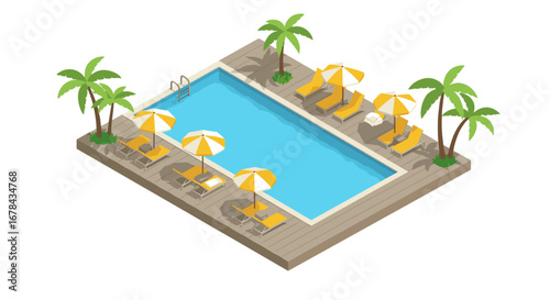 Isometric summer pool scene with lounge chairs and palm trees