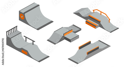 Isometric skate park elements with ramps and rails in minimalist design