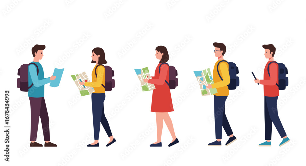 Obraz premium Modern travelers with backpacks and maps in flat style