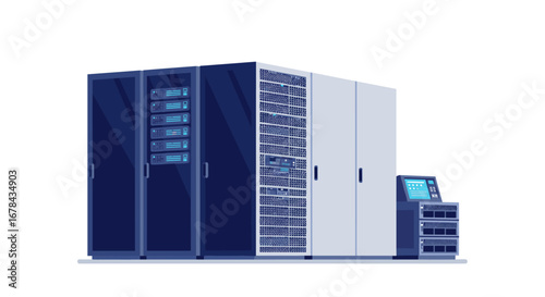 Modern data center with server racks and control terminal in flat design