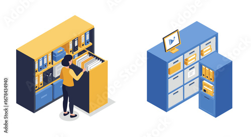 Organized workspace with isometric file cabinets and a person filing documents