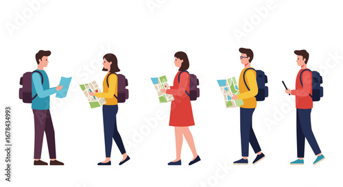 Modern travelers with backpacks and maps in flat style