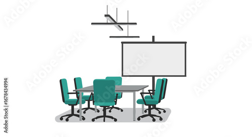 Modern office conference room with chairs and projector screen in minimal design