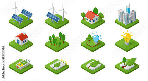 Sustainable energy and green living isometric icons set for eco-friendly projects