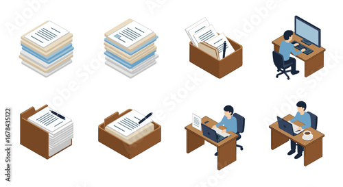 Isometric office set: papers, files, and desks with workers in blue shirts
